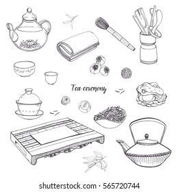 Set tea ceremony with various traditional tools. Teapot, bowls, gaiwan. Contour hand drawn illustration.