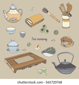 Set tea ceremony with various traditional tools. Teapot, bowls, gaiwan. Colorful hand drawn illustration.