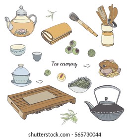 Set tea ceremony with various traditional tools. Teapot, bowls, gaiwan. Colorful hand drawn illustration.