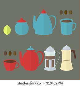 Set for tea or coffee ceremony. There are teapots, cup, mug, coffee beans, lemon, french press, sugar bowl, coffee maker. 