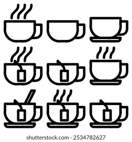 Set of tea and coffee cup icons: a tea cup, coffee mug, cup with saucer, and steaming hot tea or coffee cups.