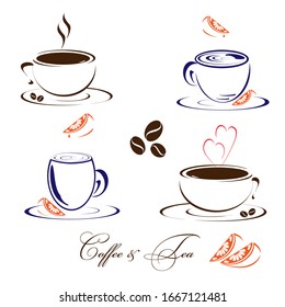 Set of tea and coffee cups with lemon slices and coffee beans