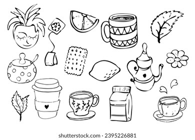 Tee und Kaffee mit Tassen, Minze, Kamille, Zitrone und Milch im Doodle-Stil einzeln auf weißem Hintergrund.