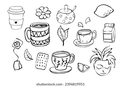 Ponga té y café con tazas, menta, camomila, limón y leche en forma de doodle aislados sobre fondo blanco.