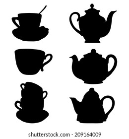 Set tea   coffee cups   pots silhouettes 