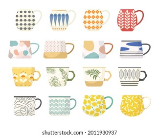 Set of Tea or Coffee Cups Side View. Mugs with Trendy Ornaments Flowers, Polka Dots, Plant and Palm Leaf Branches, Abstract Spots and Patterns. Various Ceramics Crockery. Cartoon Vector Illustration