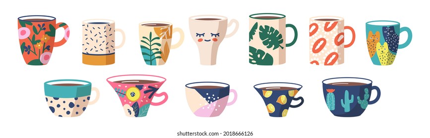 Vista lateral de té o café. Pelucas con canto de ornamentos de moda, gatos, puntos de polka, ramas de hojas de palmera, puntos abstractos y patrones. Diversas Cacerolas De Cerámica. Ilustración del vector de dibujos animados