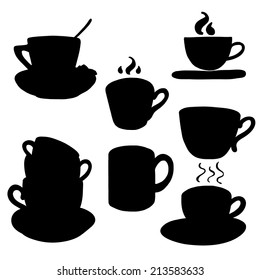 Set of tea and coffee cups silhouettes isolated on white background.
