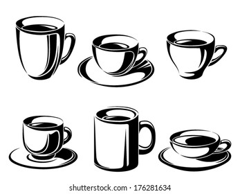 Set of tea and coffee cups. Vector black silhouettes.