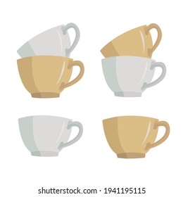set of tea and coffee cups in white and beige color isolated on a white background.