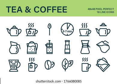 Set of tea or coffee drink icons. Set contains - teapot, cup, mug, coffee beans, tea leaves, french press and other accessories. Applicable for brewing manual. Vector illustration