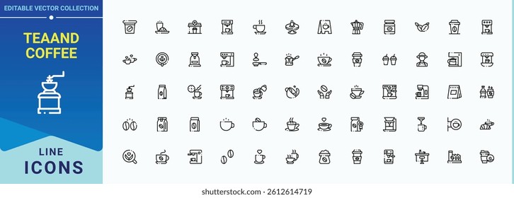 Set of Tea and Coffee line icon. Includes symbols for drink, cafes, leaf, breakfast, bean and more. Coffee And Tea icon set. Minimal linear icons. Editable vector. Pixel perfect.