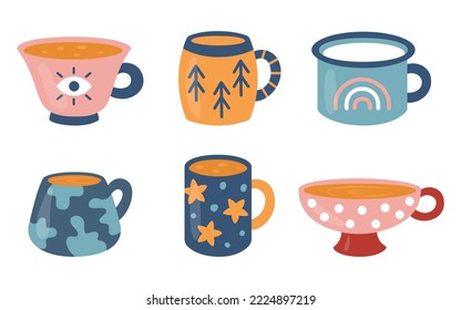 Set of tea or coffee mugs with different ornaments. Kitchen or ceramic crockery theme. Full and empty cartoon cups. Vector illustration on white background. 