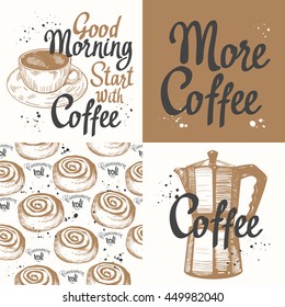 Set of tea and coffee sketch with seamless background.  Hot drinks menu. Vector Illustration with cup, maker and pattern. Decorative elements for your packing design. Multicolor decor.