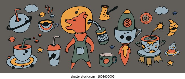 Set. Tea and coffee in space. Cupcakes and croissants. Design of cafes, menus and parties. The dog astronaut. Planets of the universe.