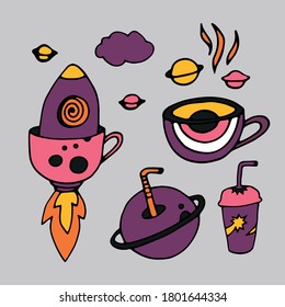 Set. Tea and coffee in space. Design of cafes, menus and parties.