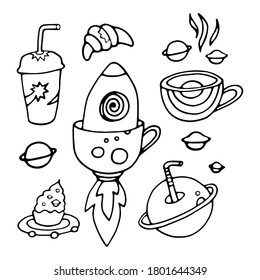 Set. Tea and coffee in space. Design of cafes, menus and parties.