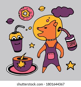 Set. Tea and coffee in space. Design of cafes, menus and parties.