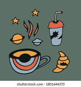 Set. Tee und Kaffee im Raum. Gestaltung von Cafés, Menüs und Partys.
