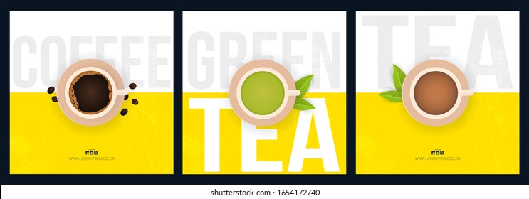 Set of Tea and Coffee time banners on white and yellow backgrounds with tea leaves