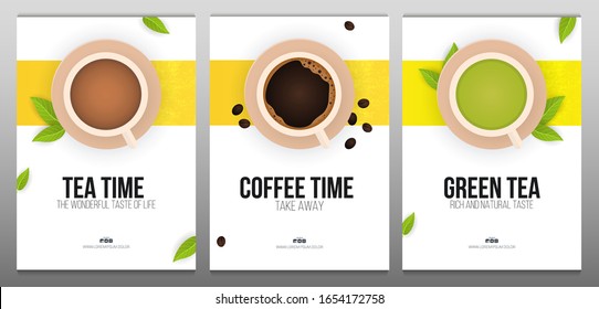 Set of Tea and Coffee time banners on white and yellow backgrounds with tea leaves