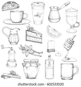 Set tea and coffee vector elements isolated on a white background. Vector illustration doodle sketch style 