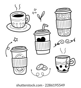 Set of tea and coffee vector illustration in different container with black hand drawn style isolated on white background