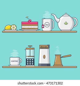 set of tea and coffee vector illustration of colorful line art