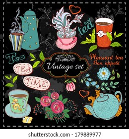 Set of tea collection with a tea cup and flowers in vintage style stylized drawing with chalk on blackboard.