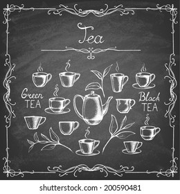 Set of tea collection with a tea cup  in vintage style. Stylized drawing with chalk on blackboard. Vector illustration. 