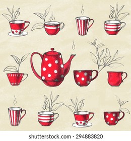 Set of tea collection with a tea cup in vintage style. Seamless pattern. Vector illustration.