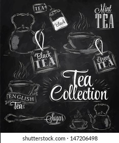 Set of tea collection cups, pots, bags, in vintage style drawing with chalk on chalkboard background.