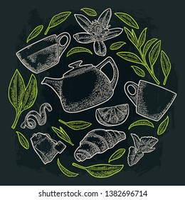 Set tea. Cup, branch, leaf, flower, lemon, croissant, bag. Vector white and green vintage engraving illustration for label, poster, web. Isolated on black background