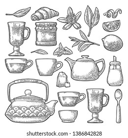 Set tea. Cup, branch, leaf, kettle, flower, lemon, croissant, bag, sugar shaker. Vector black vintage engraving illustration for label. Isolated on white background