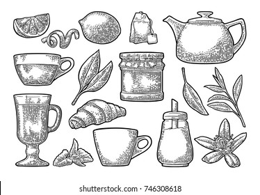 Set tea. Cup, branch, leaf, kettle, flower, lemon, croissant, bag, sugar shaker . Vector vintage engraving illustration for label, poster, web. Isolated on white background.