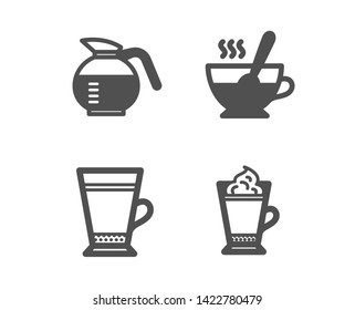 Set of Tea cup, Coffeepot and Latte icons. Latte coffee sign. Coffee with spoon, Hot drink with whipped cream.  Classic design tea cup icon. Flat design. Vector