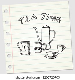Set of tea cup doodle sketch design. Vintage coffee mug hand drawn vector illustration