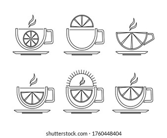 
Un conjunto de tazas de té. Acercamiento. Imagen de contorno de tazas de té estilizadas con una rebanada de limón sobre un fondo blanco. Elemento de diseño. Gráficos vectoriales.