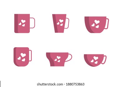 set of tea cups and coffee mugs fill style vector icons with round bottom and flat bottom cups editable vector illustration for decoration, coloring book, stickers. 
