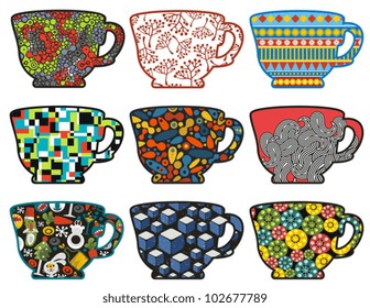 Set of tea cups with cool patterns. Vector illustration.