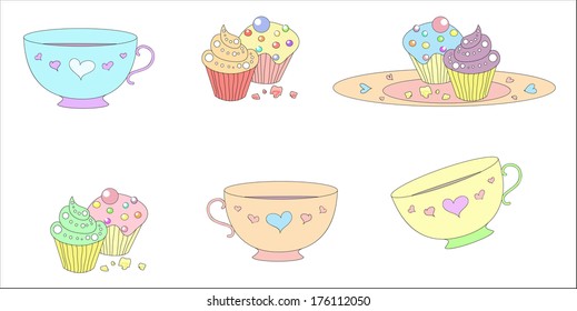 A set of tea cups and cupcakes for your sweet design