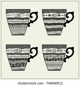 Set with tea cups. Freehand drawing. Can be used for scrapbook, postcards, print, etc.