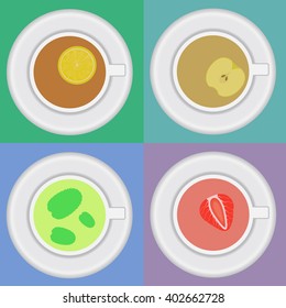 Set of tea cups with mint, lemon, strawberry and apple / Retro tea cups