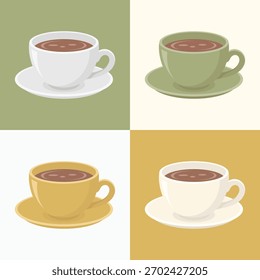 Conjunto de tazas de té en diferentes colores de fondos. Ilustración vectorial de la hora del té.