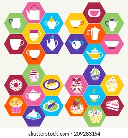 set of Tea cups, pots  and  of Cupcakes Dessert- Illustration