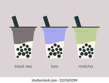 A set of -tea cups to take away with different flavors, a classic black tea, purple taro, and green matcha latte