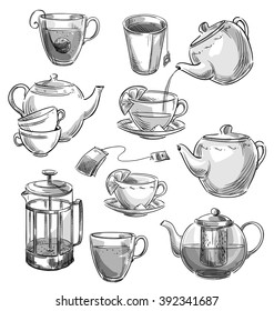 Set of tea cups and teapots. Vector sketch. 