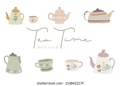 set of tea cups and teapot.vintage kettle teapot and cups or ceramic mugs with tea, concept tea break for self love.Hand drawn tea vintage.