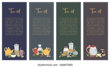 Set with Tea flyer. Collection of vertical banner for shop design. Hand drawn vector illustration.