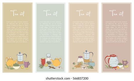 Set with Tea flyer. Collection of vertical banner for shop design. Hand drawn vector illustration.